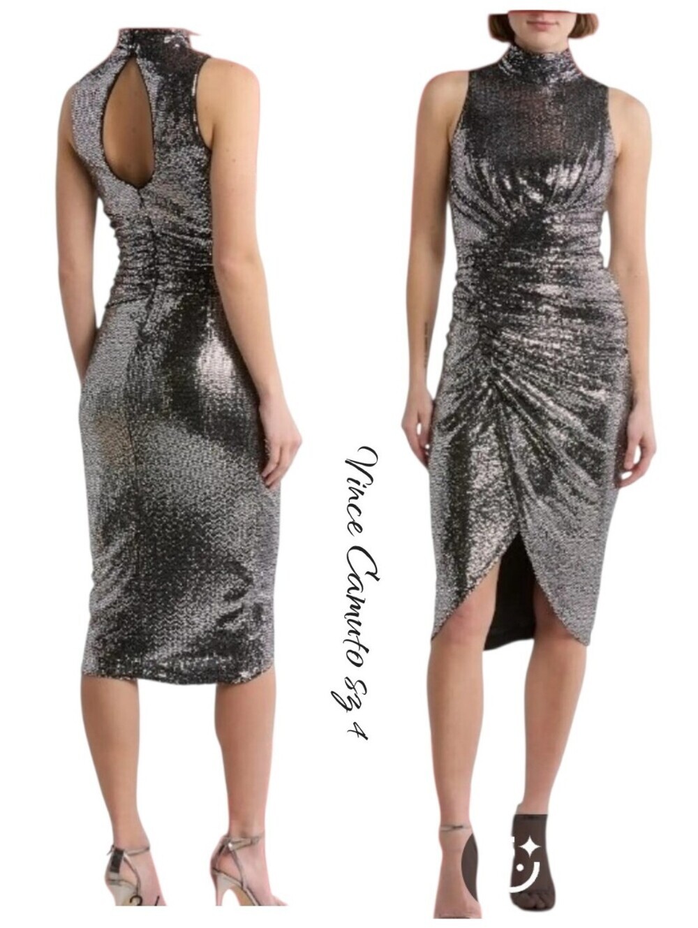 NWT Vince Camuto Dress Midi  Silver Metallic Mock Neck Cocktail Woman sz 4